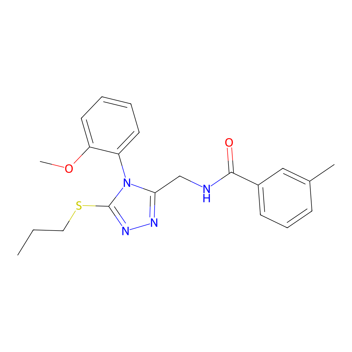 N-((4-(2-methoxyphenyl)-5-(propylthio)-4H-1,2,4-triazol-3-yl)methyl)-3-methylbenzamide molecular structure, CAS 391916-20-4