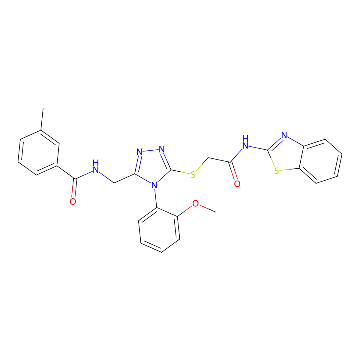 N-((5-((2-(benzo[d]thiazol-2-ylamino)-2-oxoethyl)thio)-4-(2-methoxyphenyl)-4H-1,2,4-triazol-3-yl)methyl)-3-methylbenzamide molecular structure, CAS 391916-34-0