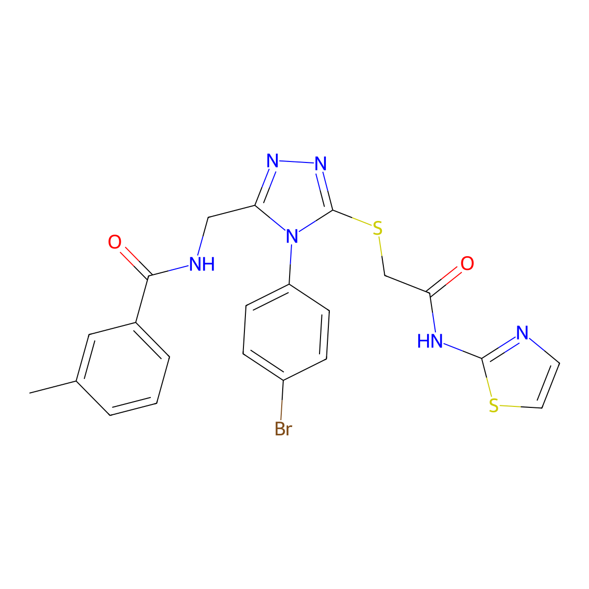 N-((4-(4-bromophenyl)-5-((2-oxo-2-(thiazol-2-ylamino)ethyl)thio)-4H-1,2,4-triazol-3-yl)methyl)-3-methylbenzamide molecular structure, CAS 391916-53-3