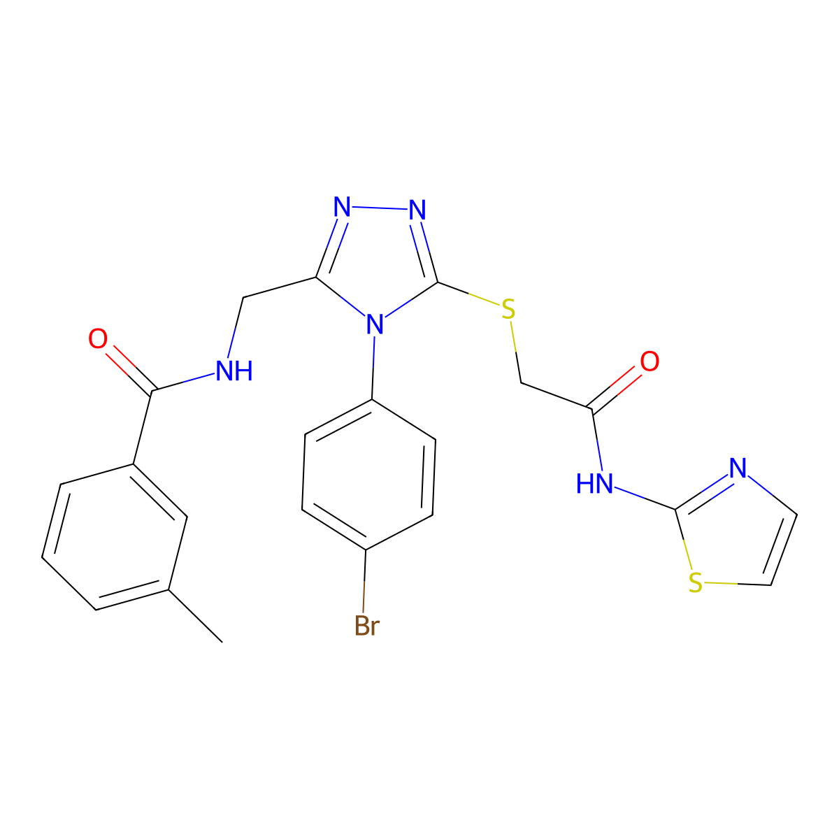 N-((4-(4-bromophenyl)-5-((2-oxo-2-(thiazol-2-ylamino)ethyl)thio)-4H-1,2,4-triazol-3-yl)methyl)-3-methylbenzamide molecular structure, CAS 391916-53-3