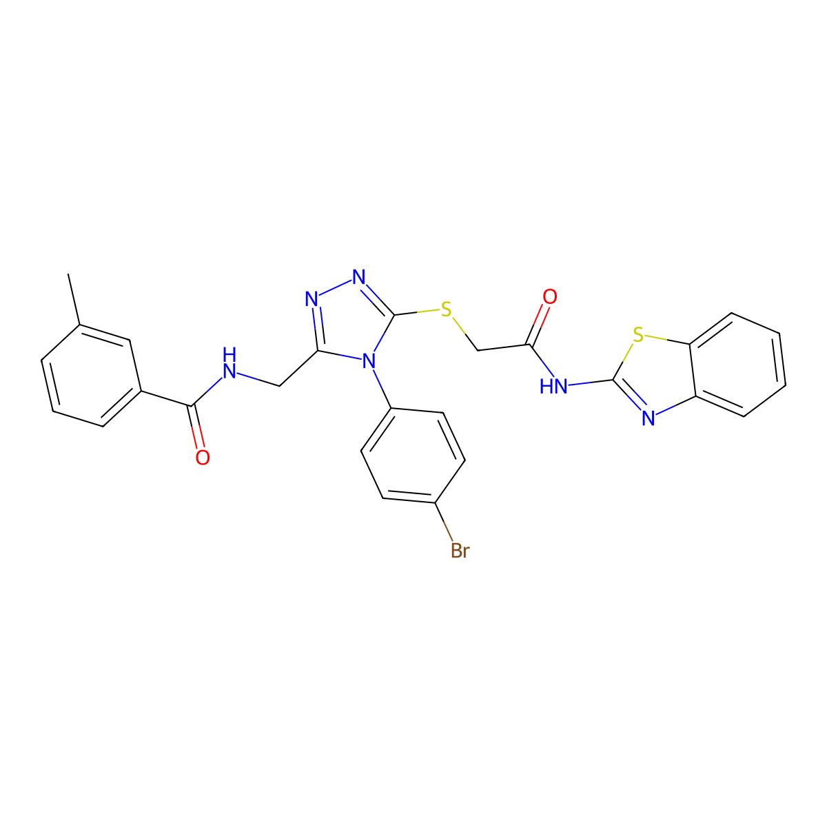 N-((5-((2-(benzo[d]thiazol-2-ylamino)-2-oxoethyl)thio)-4-(4-bromophenyl)-4H-1,2,4-triazol-3-yl)methyl)-3-methylbenzamide molecular structure, CAS 391916-54-4
