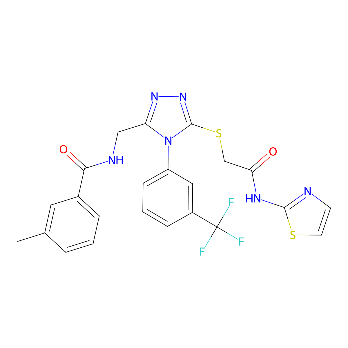 3-methyl-N-((5-((2-oxo-2-(thiazol-2-ylamino)ethyl)thio)-4-(3-(trifluoromethyl)phenyl)-4H-1,2,4-triazol-3-yl)methyl)benzamide molecular structure, CAS 391917-14-9