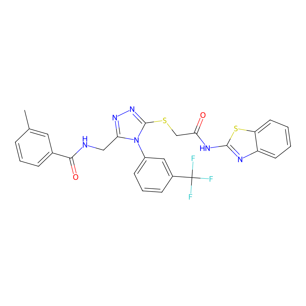 N-((5-((2-(benzo[d]thiazol-2-ylamino)-2-oxoethyl)thio)-4-(3-(trifluoromethyl)phenyl)-4H-1,2,4-triazol-3-yl)methyl)-3-methylbenzamide molecular structure, CAS 391917-15-0