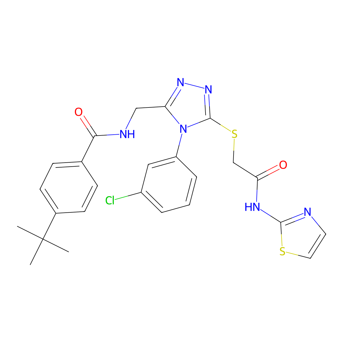 4-(tert-butyl)-N-((4-(3-chlorophenyl)-5-((2-oxo-2-(thiazol-2-ylamino)ethyl)thio)-4H-1,2,4-triazol-3-yl)methyl)benzamide molecular structure, CAS 391917-42-3