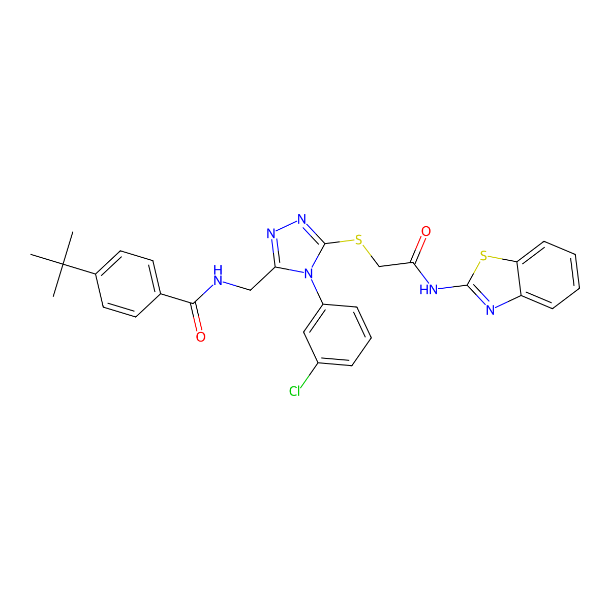 N-[[5-[2-(1,3-benzothiazol-2-ylamino)-2-oxoethyl]sulfanyl-4-(3-chlorophenyl)-1,2,4-triazol-3-yl]methyl]-4-tert-butylbenzamide molecular structure, CAS 391917-43-4