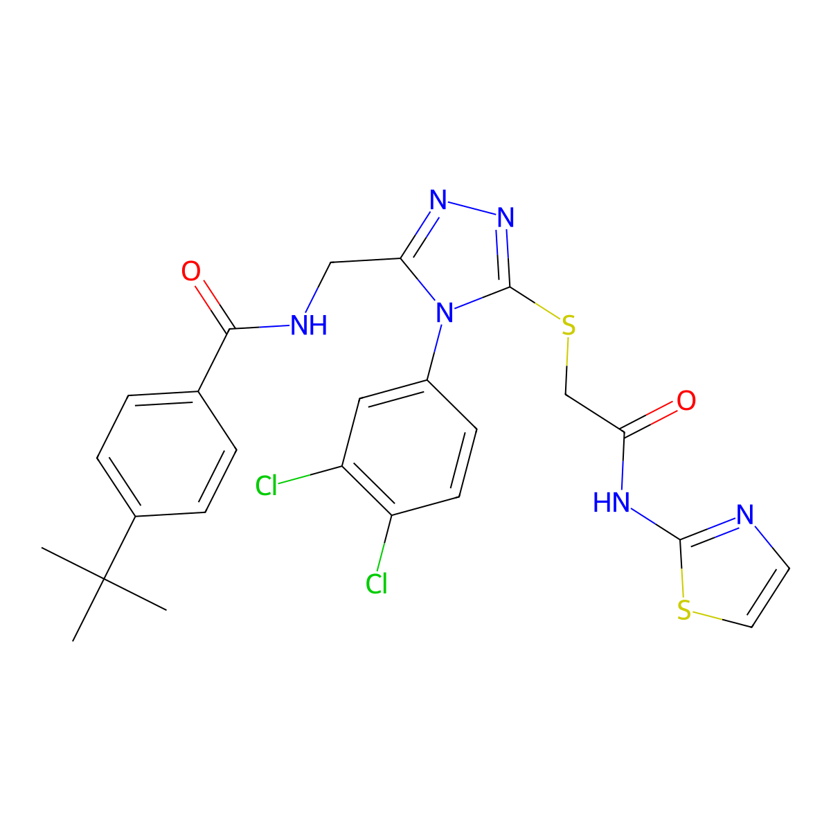 4-(tert-butyl)-N-((4-(3,4-dichlorophenyl)-5-((2-oxo-2-(thiazol-2-ylamino)ethyl)thio)-4H-1,2,4-triazol-3-yl)methyl)benzamide molecular structure, CAS 391917-61-6