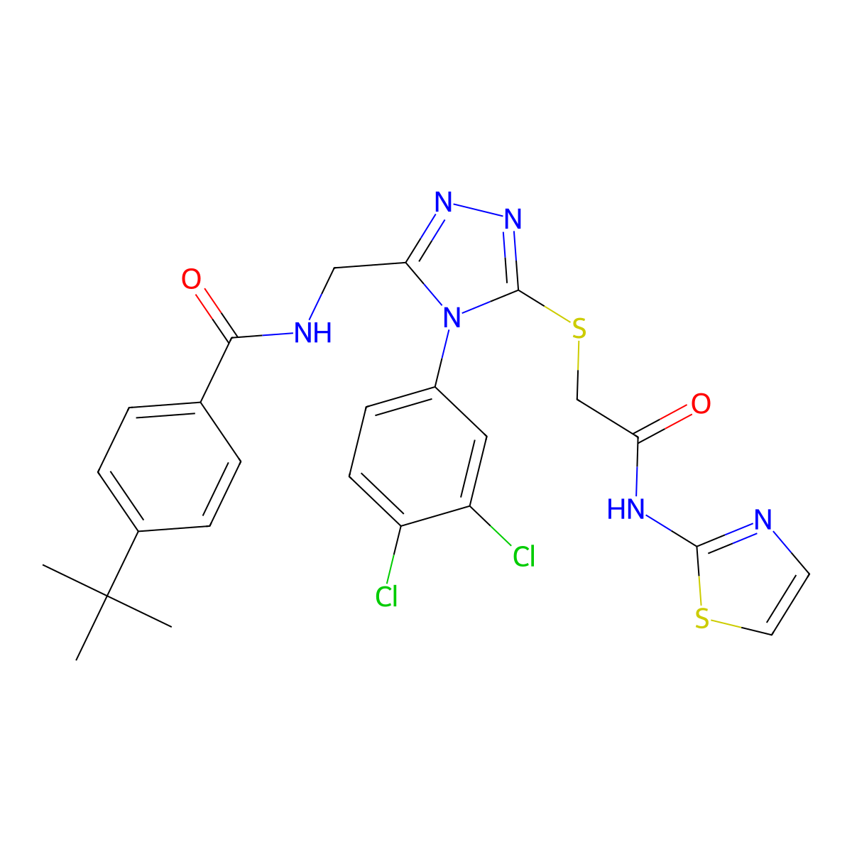 4-(tert-butyl)-N-((4-(3,4-dichlorophenyl)-5-((2-oxo-2-(thiazol-2-ylamino)ethyl)thio)-4H-1,2,4-triazol-3-yl)methyl)benzamide molecular structure, CAS 391917-61-6