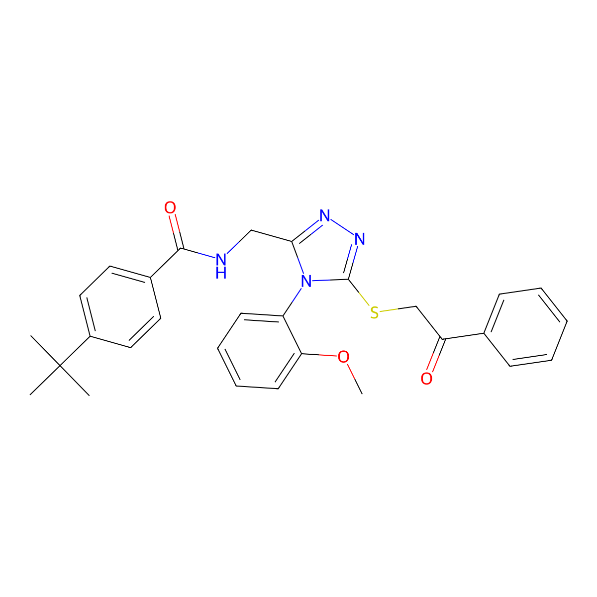 4-(tert-butyl)-N-((4-(2-methoxyphenyl)-5-((2-oxo-2-phenylethyl)thio)-4H-1,2,4-triazol-3-yl)methyl)benzamide molecular structure, CAS 391917-72-9
