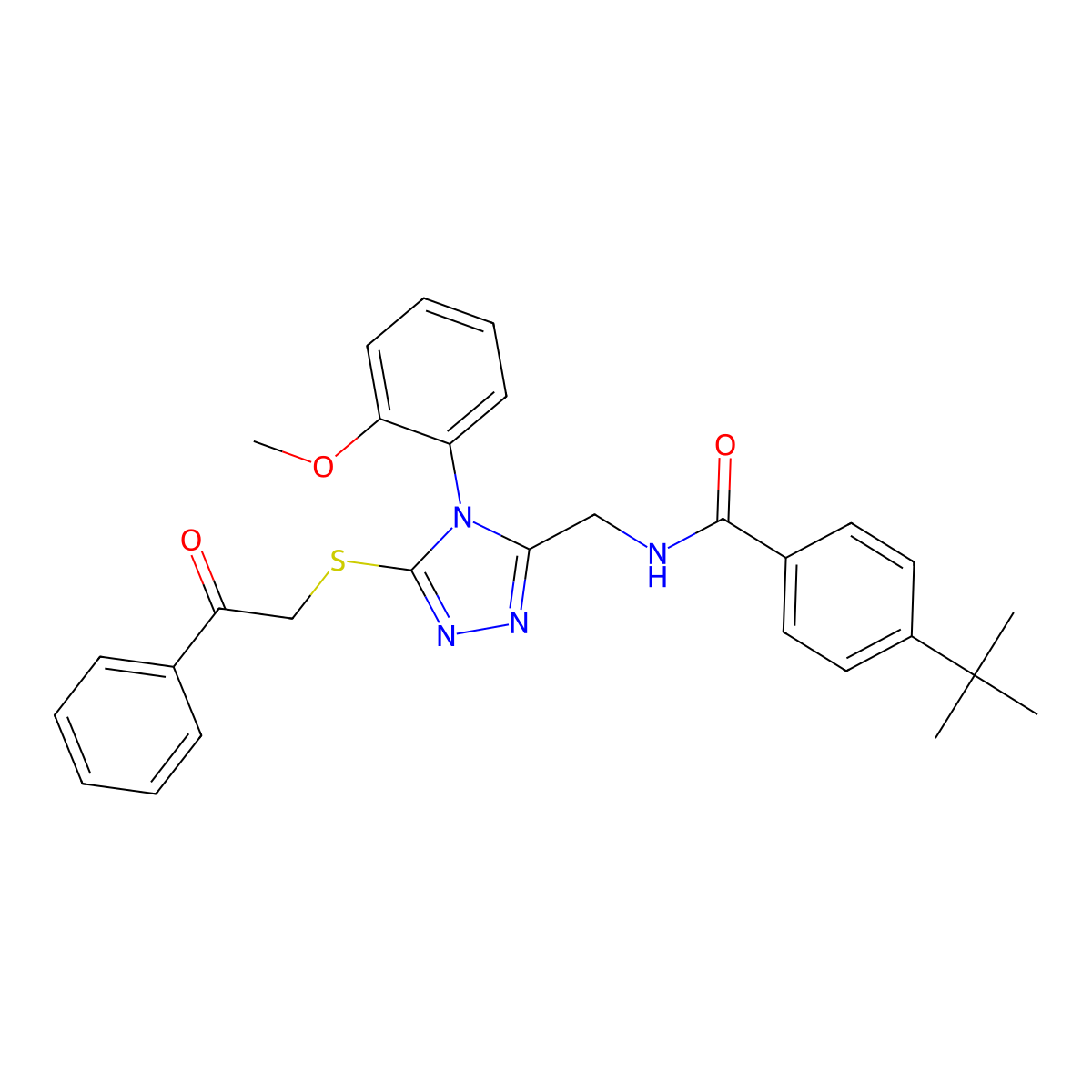4-(tert-butyl)-N-((4-(2-methoxyphenyl)-5-((2-oxo-2-phenylethyl)thio)-4H-1,2,4-triazol-3-yl)methyl)benzamide molecular structure, CAS 391917-72-9