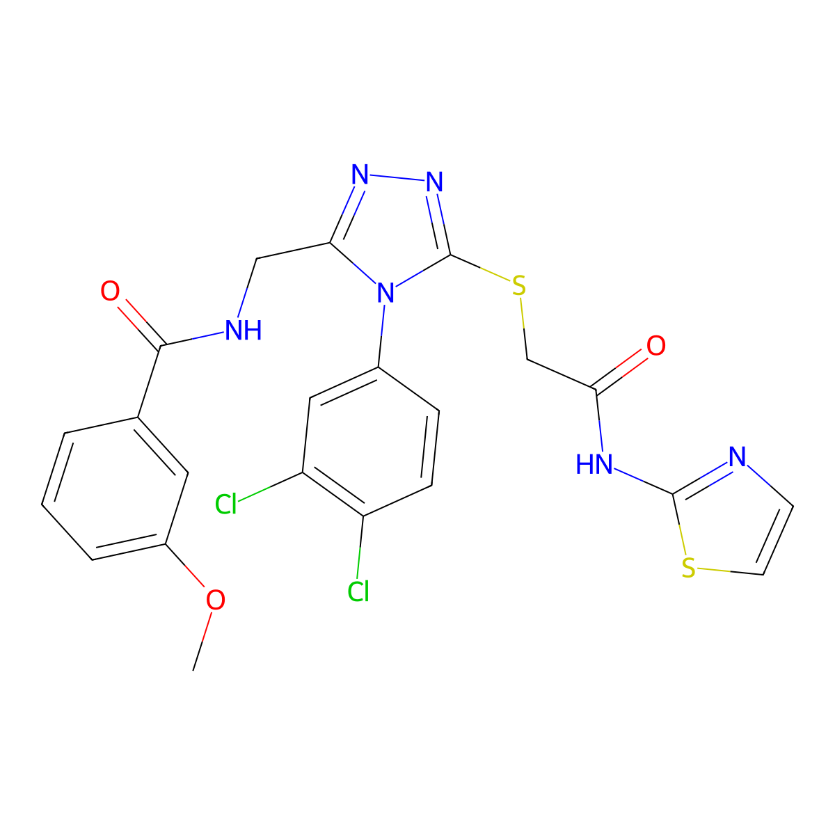 N-((4-(3,4-dichlorophenyl)-5-((2-oxo-2-(thiazol-2-ylamino)ethyl)thio)-4H-1,2,4-triazol-3-yl)methyl)-3-methoxybenzamide molecular structure, CAS 391918-70-0