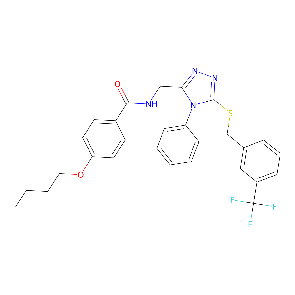 4-butoxy-N-((4-phenyl-5-((3-(trifluoromethyl)benzyl)thio)-4H-1,2,4-triazol-3-yl)methyl)benzamide molecular structure, CAS 391929-13-8