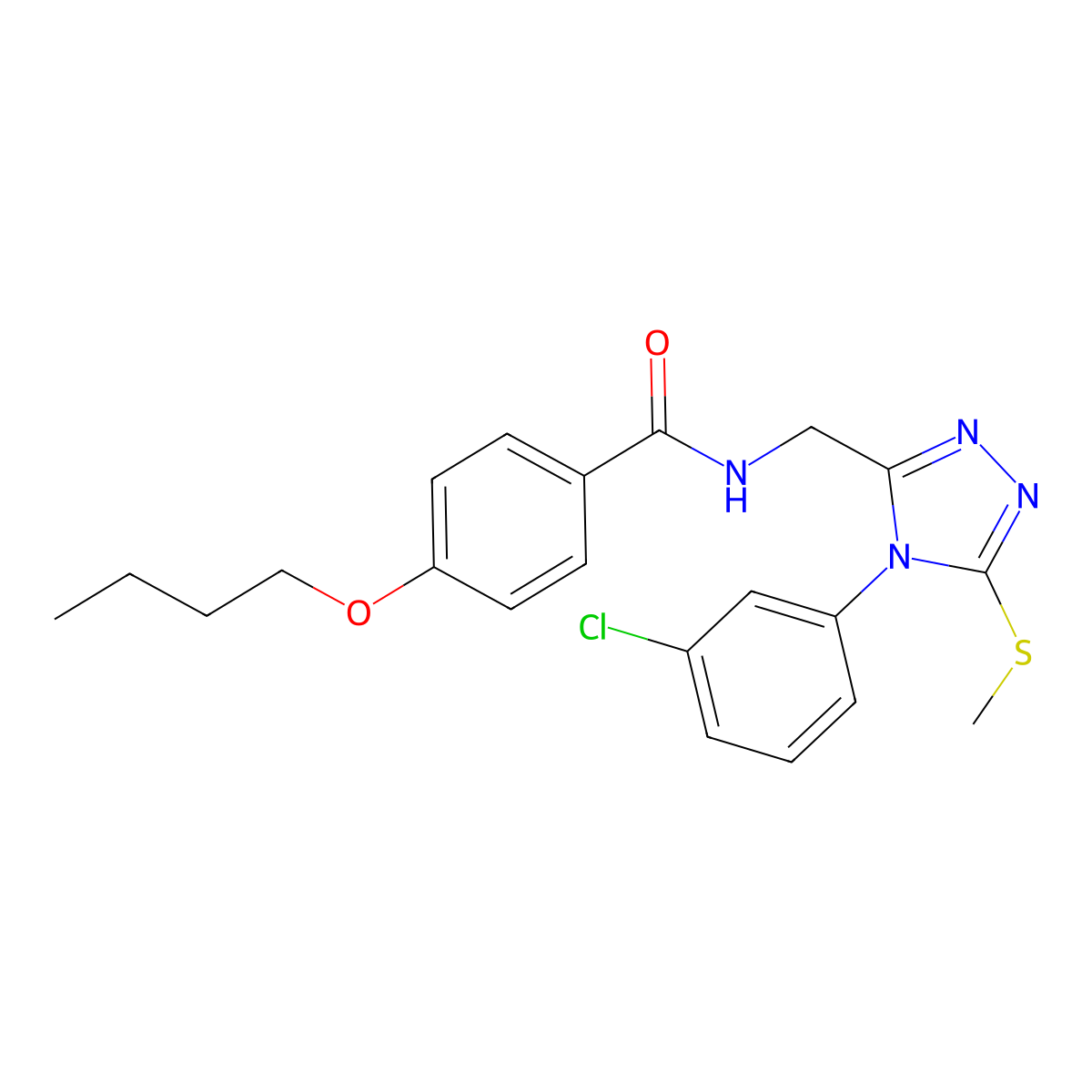 4-butoxy-N-((4-(3-chlorophenyl)-5-(methylthio)-4H-1,2,4-triazol-3-yl)methyl)benzamide molecular structure, CAS 391929-17-2