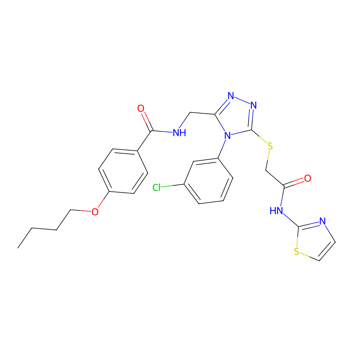 4-butoxy-N-((4-(3-chlorophenyl)-5-((2-oxo-2-(thiazol-2-ylamino)ethyl)thio)-4H-1,2,4-triazol-3-yl)methyl)benzamide molecular structure, CAS 391929-32-1