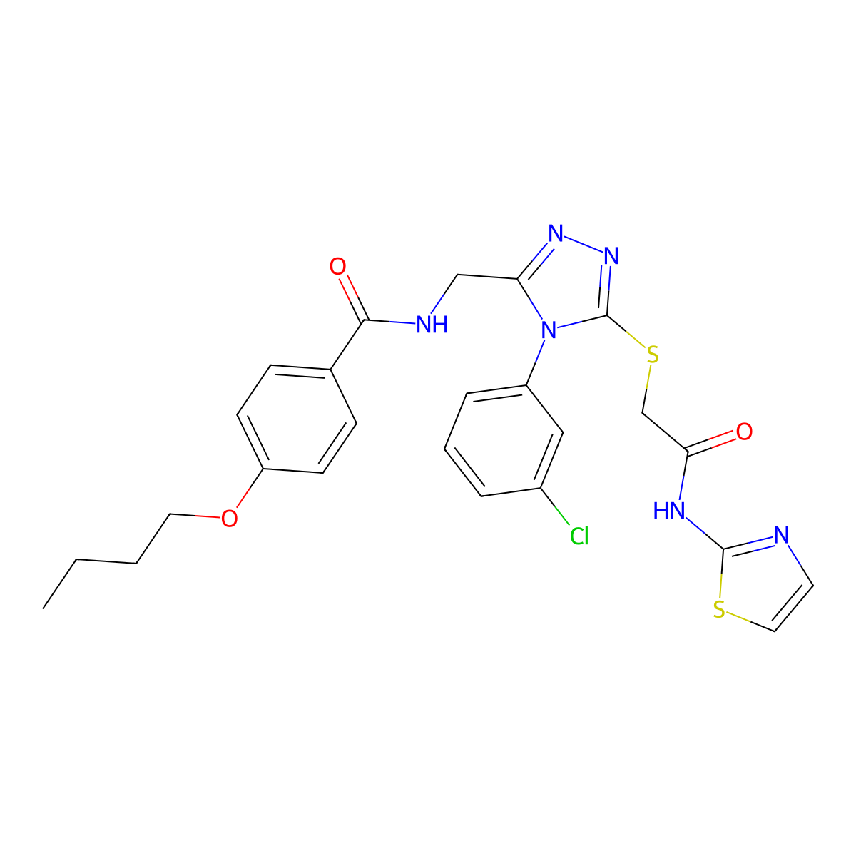 4-butoxy-N-((4-(3-chlorophenyl)-5-((2-oxo-2-(thiazol-2-ylamino)ethyl)thio)-4H-1,2,4-triazol-3-yl)methyl)benzamide molecular structure, CAS 391929-32-1