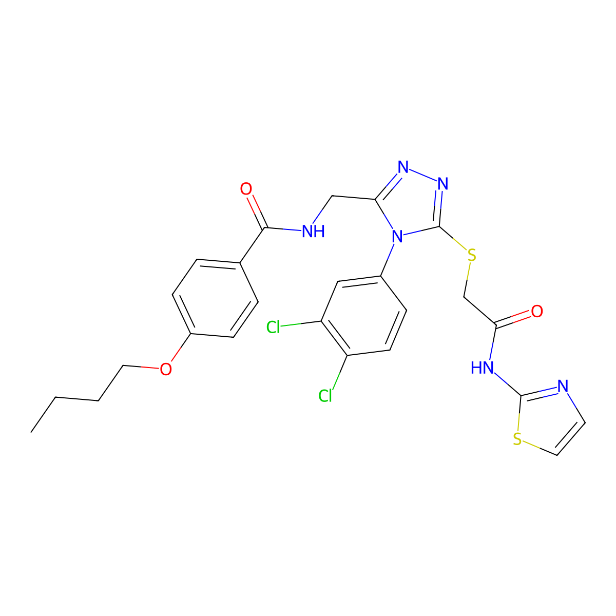 4-butoxy-N-((4-(3,4-dichlorophenyl)-5-((2-oxo-2-(thiazol-2-ylamino)ethyl)thio)-4H-1,2,4-triazol-3-yl)methyl)benzamide molecular structure, CAS 391929-51-4