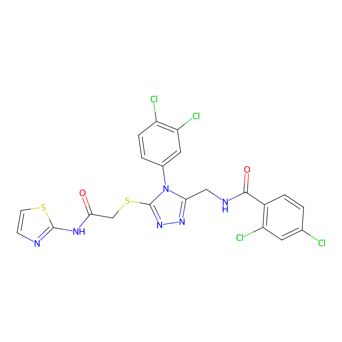 2,4-dichloro-N-((4-(3,4-dichlorophenyl)-5-((2-oxo-2-(thiazol-2-ylamino)ethyl)thio)-4H-1,2,4-triazol-3-yl)methyl)benzamide molecular structure, CAS 391930-49-7