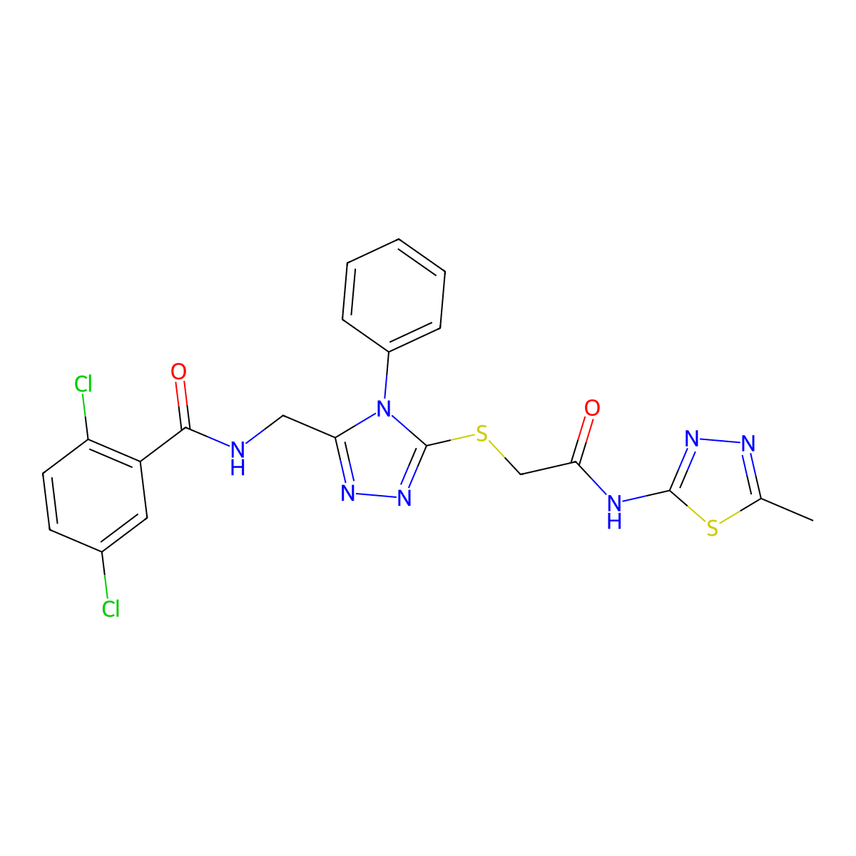 2,5-dichloro-N-((5-((2-((5-methyl-1,3,4-thiadiazol-2-yl)amino)-2-oxoethyl)thio)-4-phenyl-4H-1,2,4-triazol-3-yl)methyl)benzamide molecular structure, CAS 391931-20-7