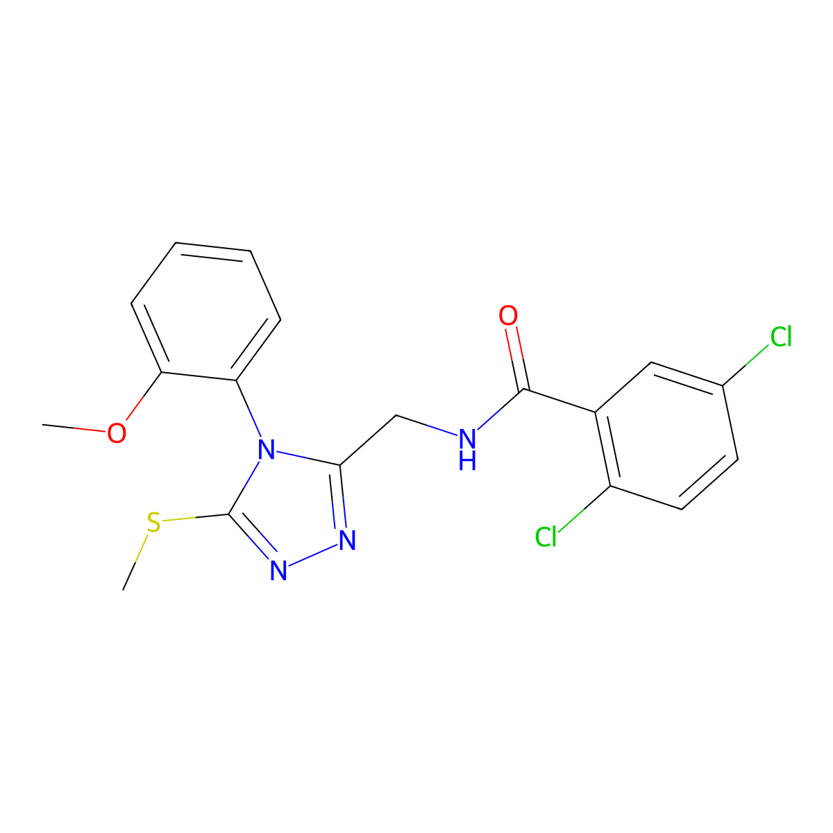 2,5-dichloro-N-((4-(2-methoxyphenyl)-5-(methylthio)-4H-1,2,4-triazol-3-yl)methyl)benzamide molecular structure, CAS 391931-63-8