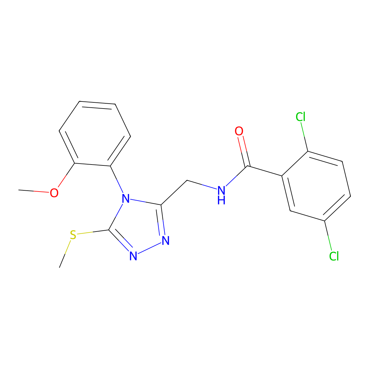 2,5-dichloro-N-((4-(2-methoxyphenyl)-5-(methylthio)-4H-1,2,4-triazol-3-yl)methyl)benzamide molecular structure, CAS 391931-63-8