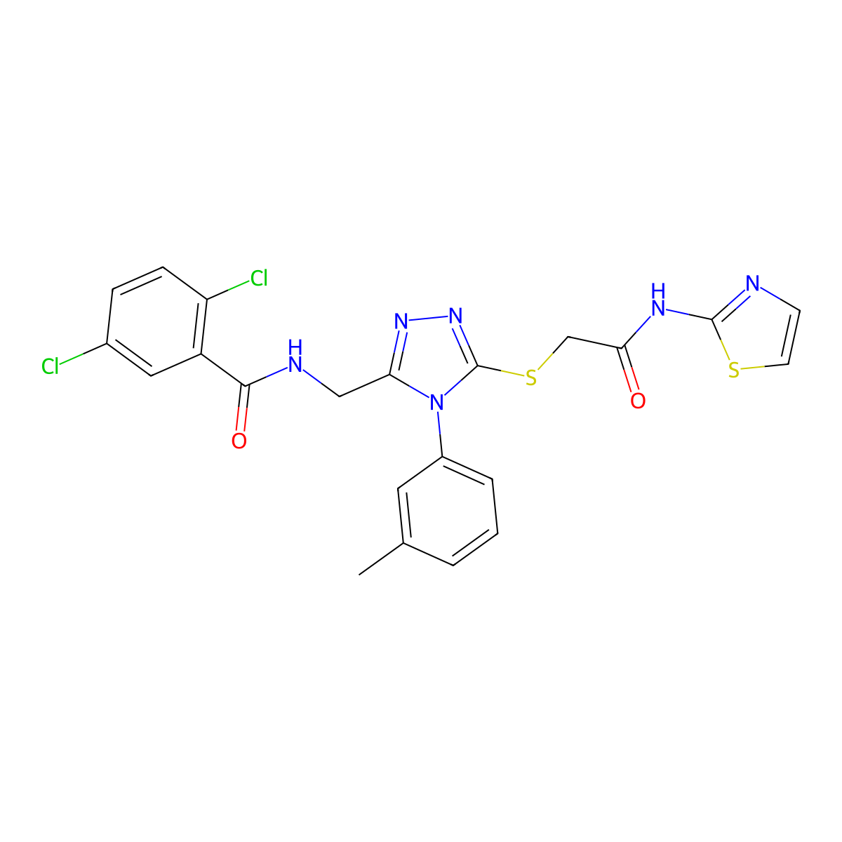 2,5-dichloro-N-((5-((2-oxo-2-(thiazol-2-ylamino)ethyl)thio)-4-(m-tolyl)-4H-1,2,4-triazol-3-yl)methyl)benzamide molecular structure, CAS 391932-39-1