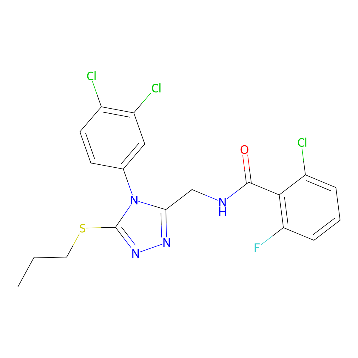 2-chloro-N-((4-(3,4-dichlorophenyl)-5-(propylthio)-4H-1,2,4-triazol-3-yl)methyl)-6-fluorobenzamide molecular structure, CAS 391933-02-1