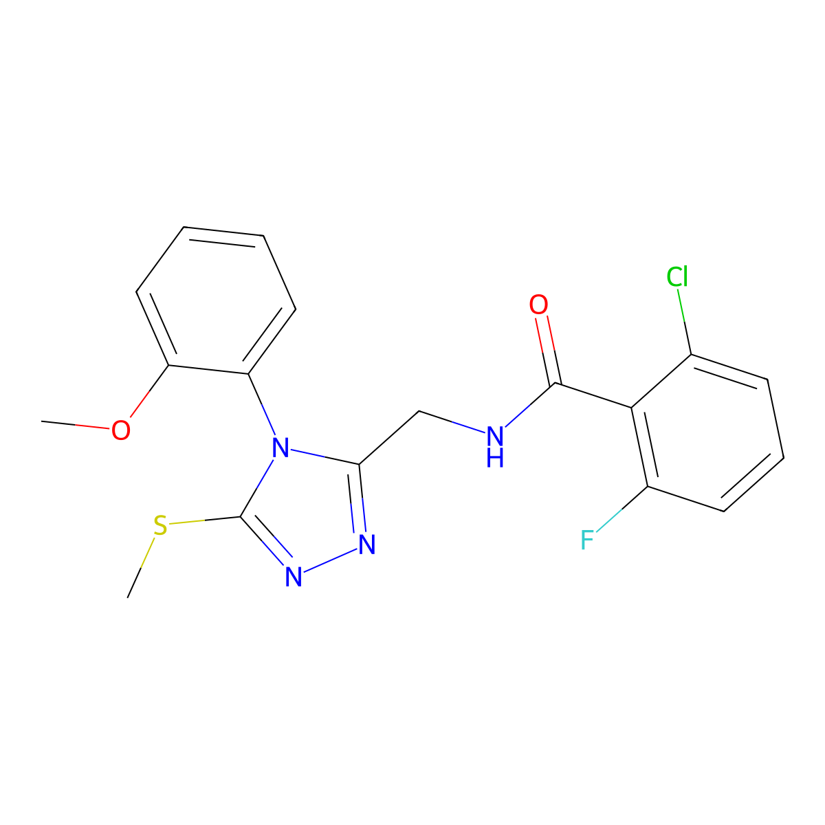 2-chloro-6-fluoro-N-((4-(2-methoxyphenyl)-5-(methylthio)-4H-1,2,4-triazol-3-yl)methyl)benzamide molecular structure, CAS 391933-19-0