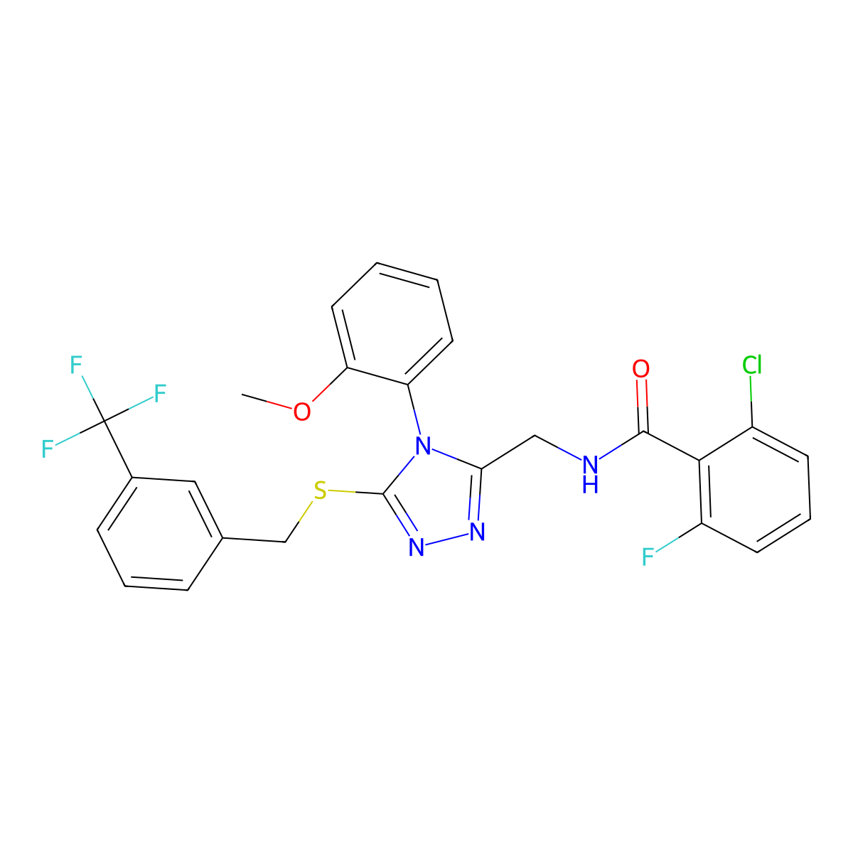 2-chloro-6-fluoro-N-((4-(2-methoxyphenyl)-5-((3-(trifluoromethyl)benzyl)thio)-4H-1,2,4-triazol-3-yl)methyl)benzamide molecular structure, CAS 391933-24-7