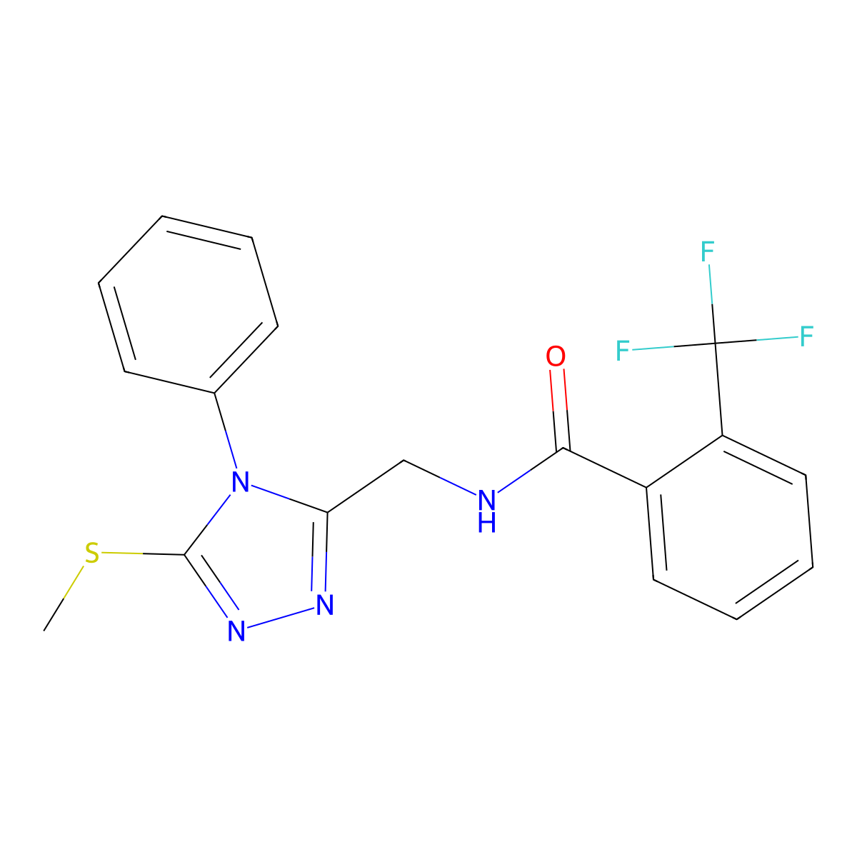 N-((5-(methylthio)-4-phenyl-4H-1,2,4-triazol-3-yl)methyl)-2-(trifluoromethyl)benzamide molecular structure, CAS 391933-68-9