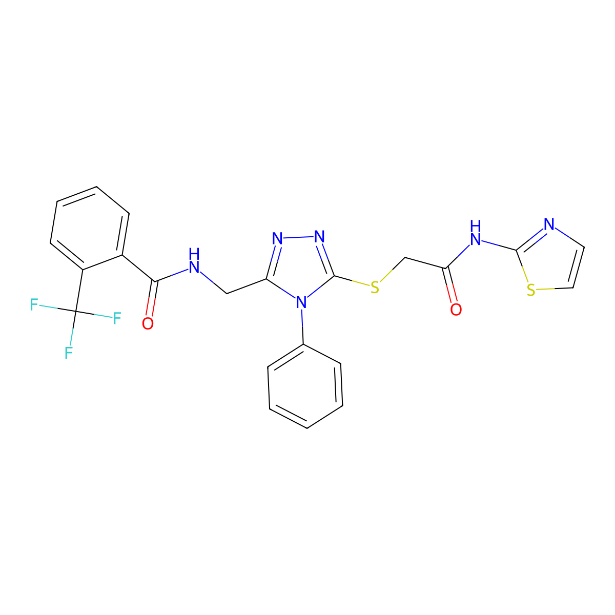 N-((5-((2-oxo-2-(thiazol-2-ylamino)ethyl)thio)-4-phenyl-4H-1,2,4-triazol-3-yl)methyl)-2-(trifluoromethyl)benzamide molecular structure, CAS 391933-83-8