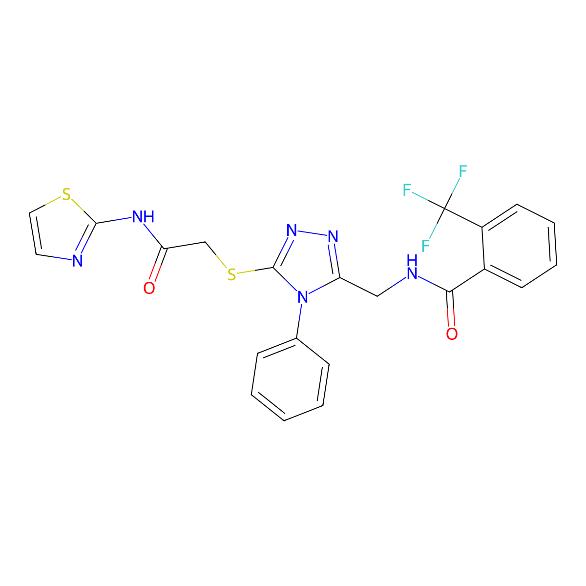 N-((5-((2-oxo-2-(thiazol-2-ylamino)ethyl)thio)-4-phenyl-4H-1,2,4-triazol-3-yl)methyl)-2-(trifluoromethyl)benzamide molecular structure, CAS 391933-83-8