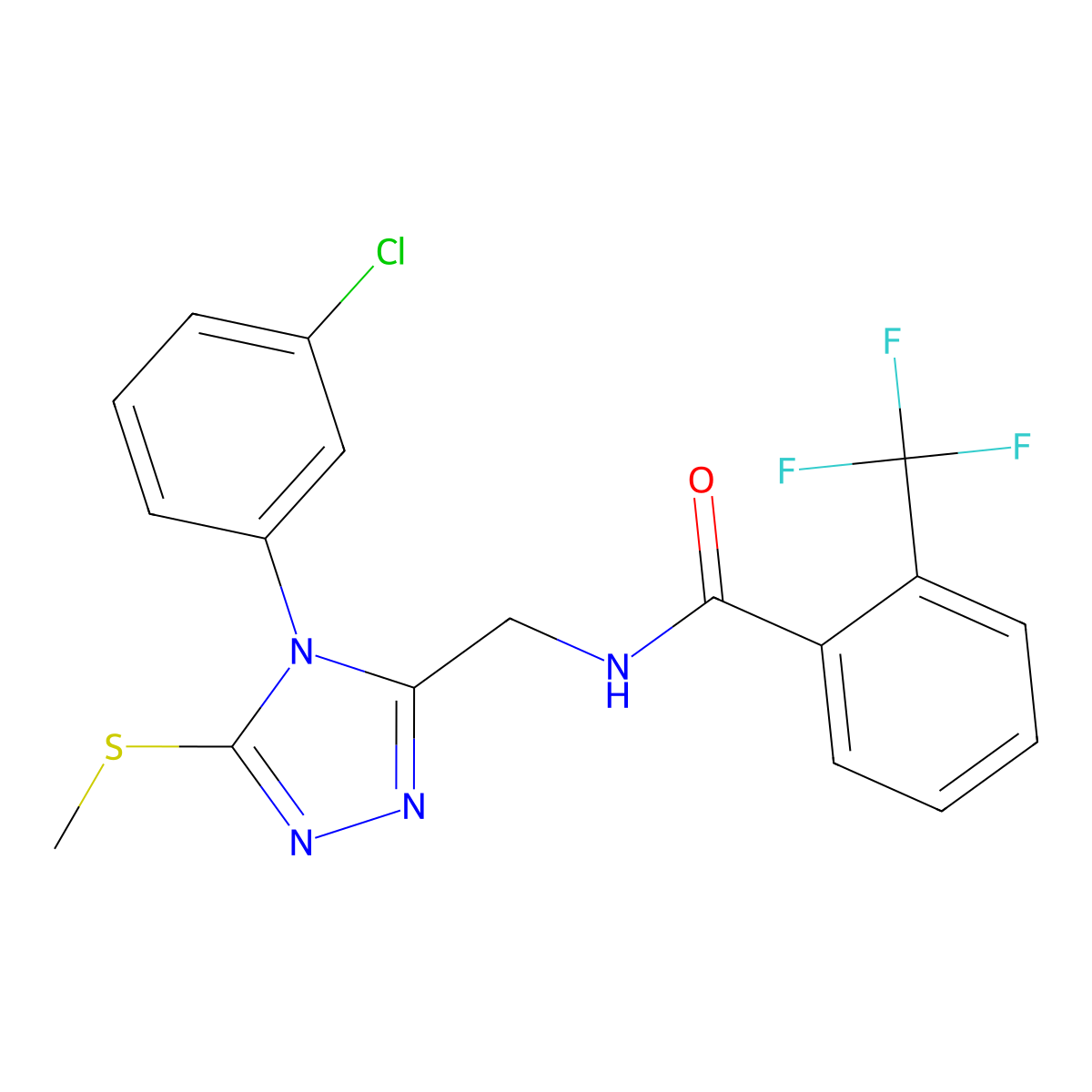 N-((4-(3-chlorophenyl)-5-(methylthio)-4H-1,2,4-triazol-3-yl)methyl)-2-(trifluoromethyl)benzamide molecular structure, CAS 391933-88-3