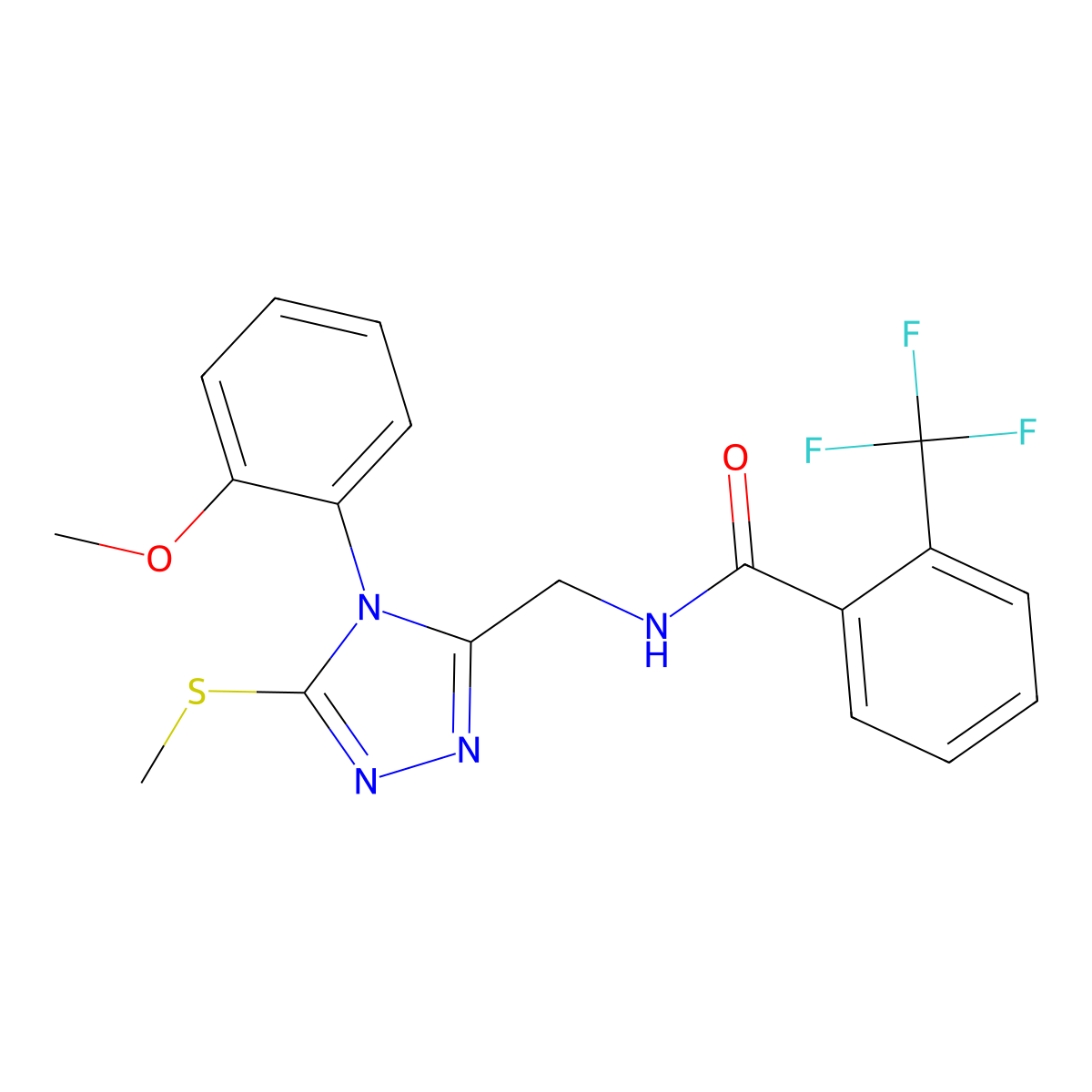 N-((4-(2-methoxyphenyl)-5-(methylthio)-4H-1,2,4-triazol-3-yl)methyl)-2-(trifluoromethyl)benzamide molecular structure, CAS 391938-07-1