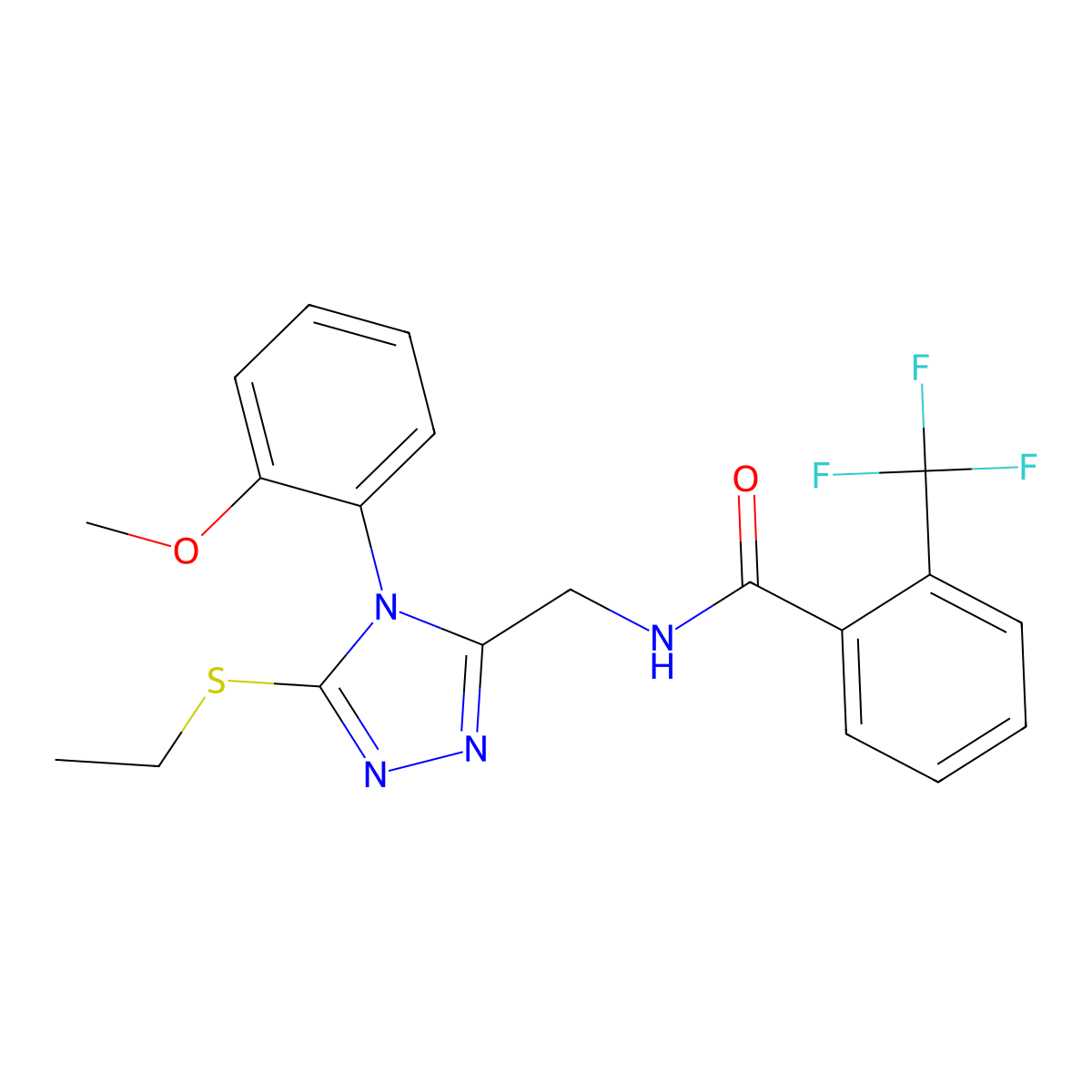 N-[[5-ethylsulfanyl-4-(2-methoxyphenyl)-1,2,4-triazol-3-yl]methyl]-2-(trifluoromethyl)benzamide molecular structure, CAS 391938-08-2
