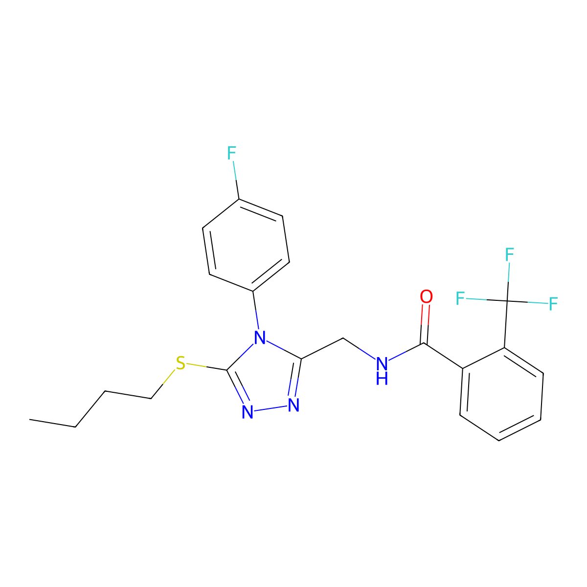 N-((5-(butylthio)-4-(4-fluorophenyl)-4H-1,2,4-triazol-3-yl)methyl)-2-(trifluoromethyl)benzamide molecular structure, CAS 391938-48-0