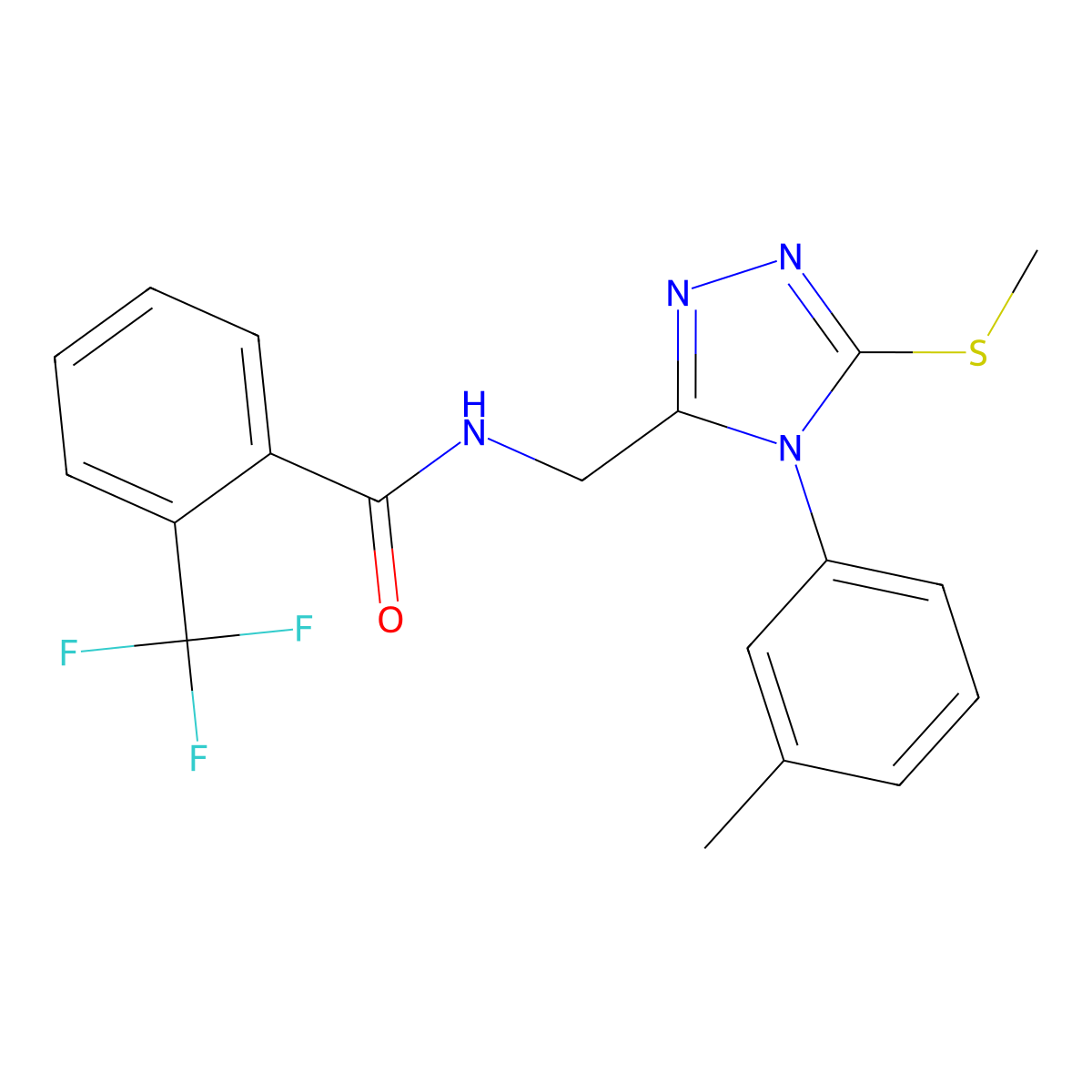 N-((5-(methylthio)-4-(m-tolyl)-4H-1,2,4-triazol-3-yl)methyl)-2-(trifluoromethyl)benzamide molecular structure, CAS 391938-64-0