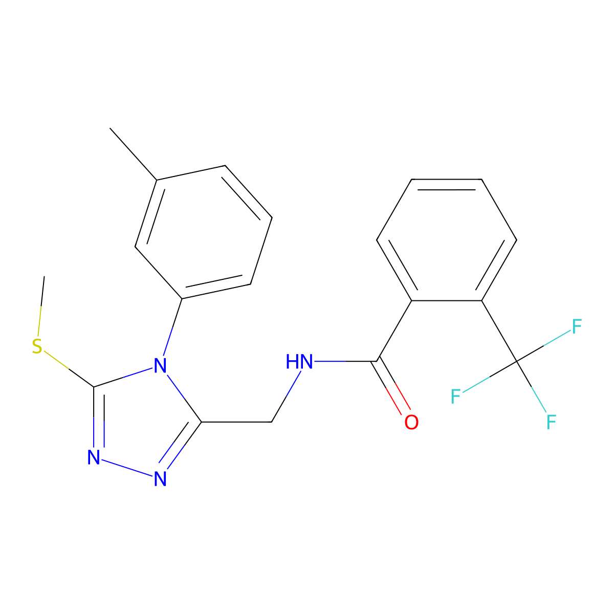 N-((5-(methylthio)-4-(m-tolyl)-4H-1,2,4-triazol-3-yl)methyl)-2-(trifluoromethyl)benzamide molecular structure, CAS 391938-64-0