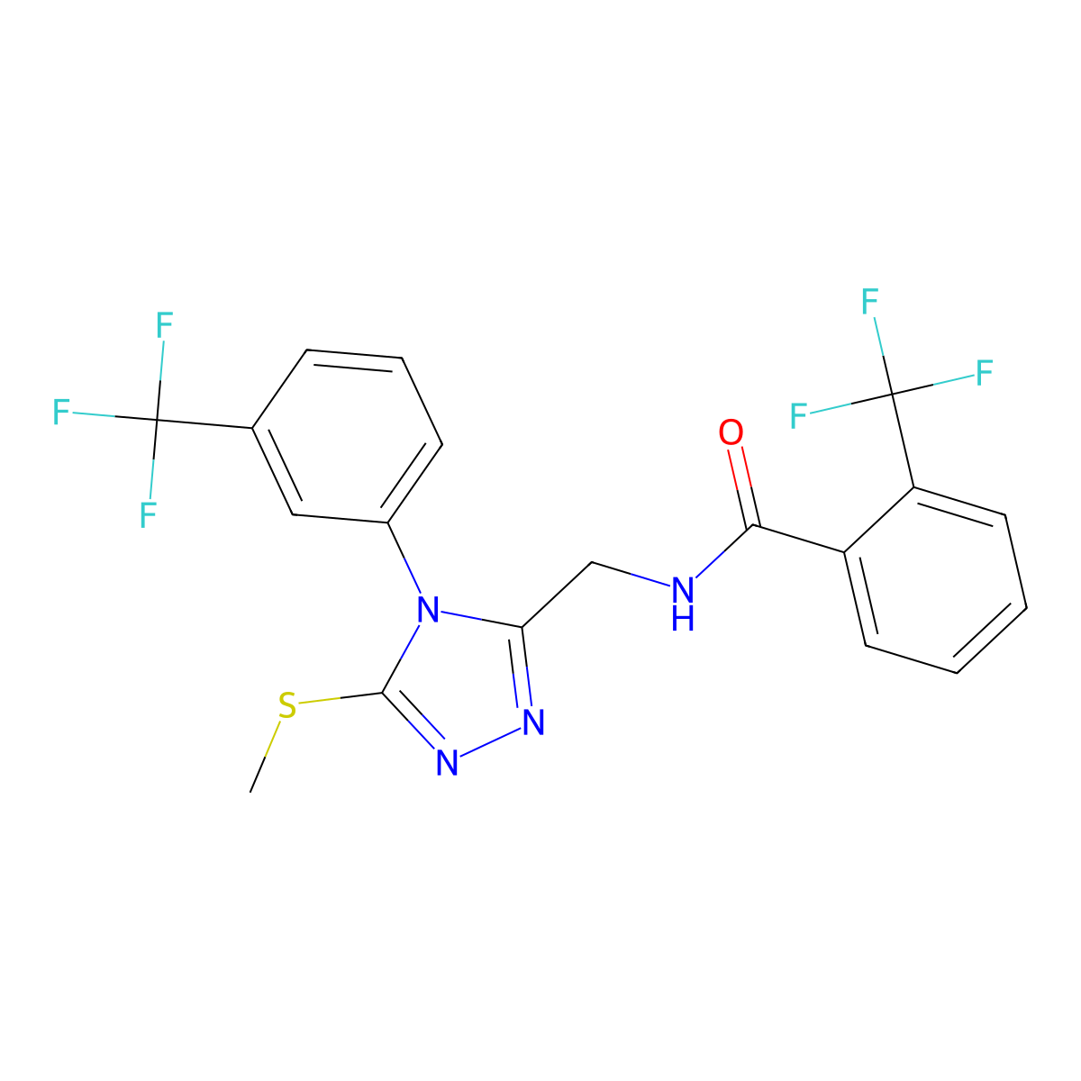 N-((5-(methylthio)-4-(3-(trifluoromethyl)phenyl)-4H-1,2,4-triazol-3-yl)methyl)-2-(trifluoromethyl)benzamide molecular structure, CAS 391938-83-3