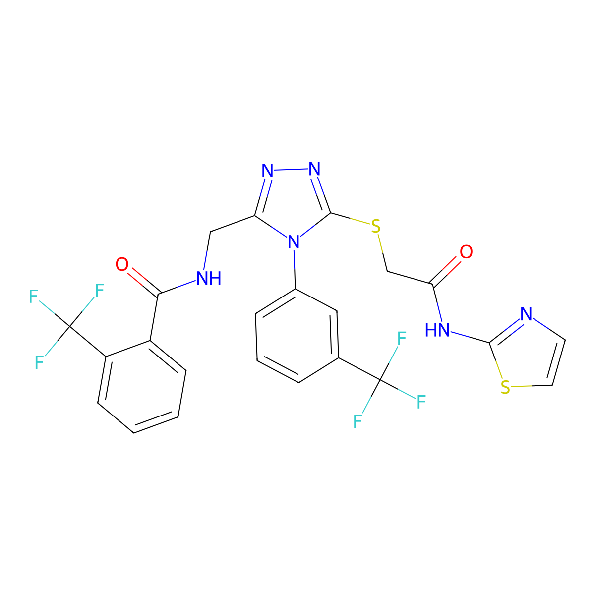 N-((5-((2-oxo-2-(thiazol-2-ylamino)ethyl)thio)-4-(3-(trifluoromethyl)phenyl)-4H-1,2,4-triazol-3-yl)methyl)-2-(trifluoromethyl)benzamide molecular structure, CAS 391938-98-0