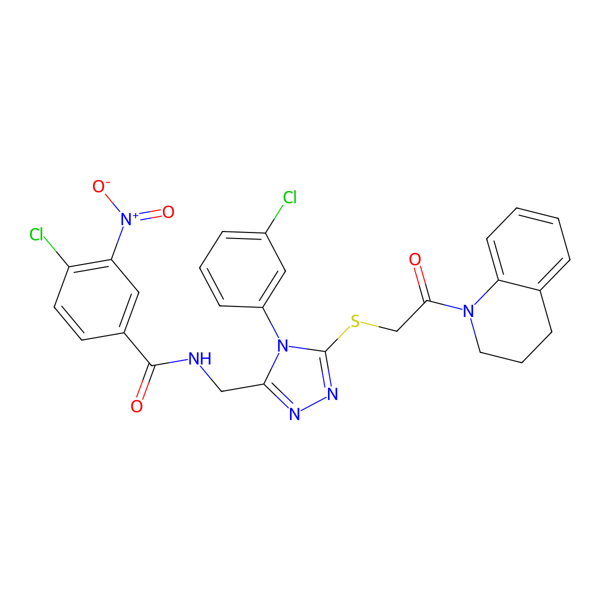 4-chloro-N-((4-(3-chlorophenyl)-5-((2-(3,4-dihydroquinolin-1(2H)-yl)-2-oxoethyl)thio)-4H-1,2,4-triazol-3-yl)methyl)-3-nitrobenzamide molecular structure, CAS 391939-04-1