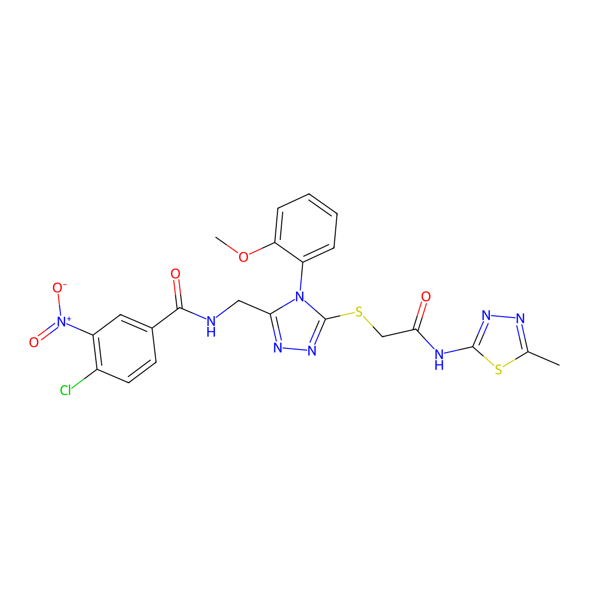 4-chloro-N-((4-(2-methoxyphenyl)-5-((2-((5-methyl-1,3,4-thiadiazol-2-yl)amino)-2-oxoethyl)thio)-4H-1,2,4-triazol-3-yl)methyl)-3-nitrobenzamide molecular structure, CAS 391939-05-2