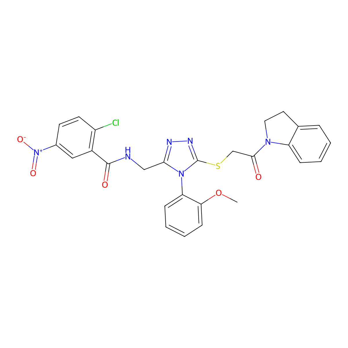 2-chloro-N-((5-((2-(indolin-1-yl)-2-oxoethyl)thio)-4-(2-methoxyphenyl)-4H-1,2,4-triazol-3-yl)methyl)-5-nitrobenzamide molecular structure, CAS 391939-09-6