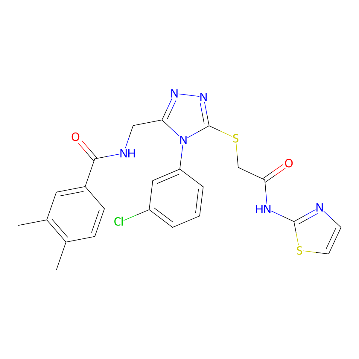 N-((4-(3-chlorophenyl)-5-((2-oxo-2-(thiazol-2-ylamino)ethyl)thio)-4H-1,2,4-triazol-3-yl)methyl)-3,4-dimethylbenzamide molecular structure, CAS 391939-37-0