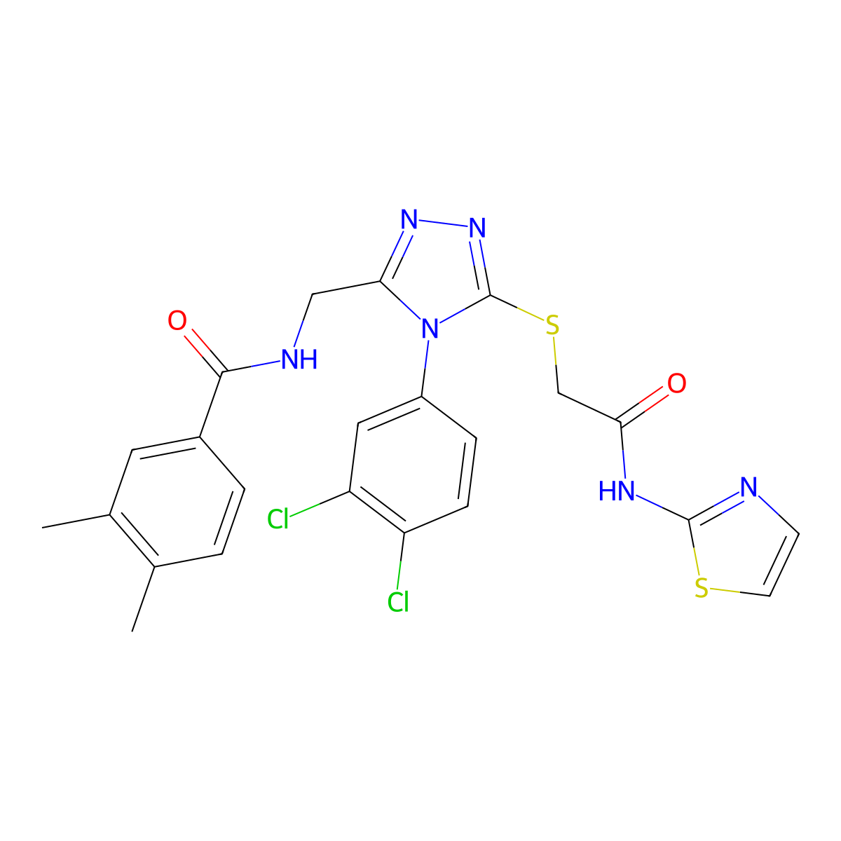 N-((4-(3,4-dichlorophenyl)-5-((2-oxo-2-(thiazol-2-ylamino)ethyl)thio)-4H-1,2,4-triazol-3-yl)methyl)-3,4-dimethylbenzamide molecular structure, CAS 391939-53-0