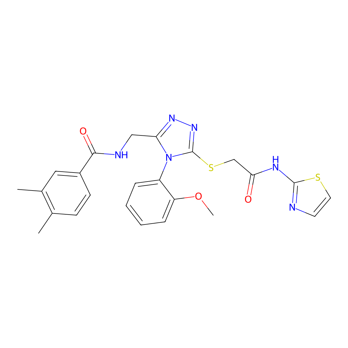 N-((4-(2-methoxyphenyl)-5-((2-oxo-2-(thiazol-2-ylamino)ethyl)thio)-4H-1,2,4-triazol-3-yl)methyl)-3,4-dimethylbenzamide molecular structure, CAS 391939-77-8