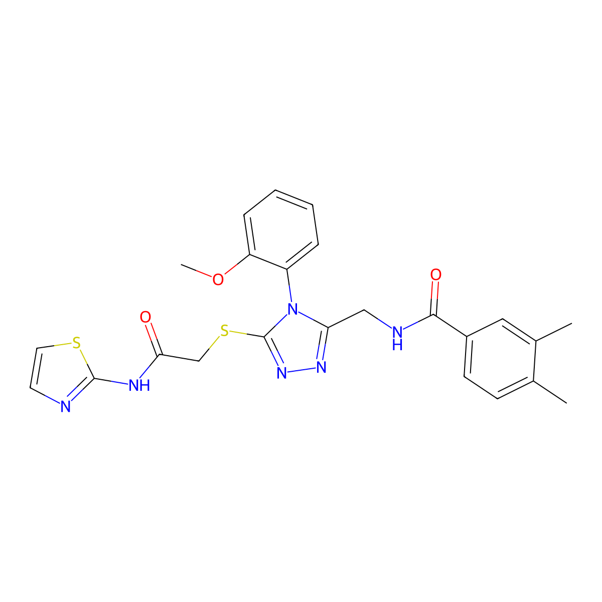 N-((4-(2-methoxyphenyl)-5-((2-oxo-2-(thiazol-2-ylamino)ethyl)thio)-4H-1,2,4-triazol-3-yl)methyl)-3,4-dimethylbenzamide molecular structure, CAS 391939-77-8