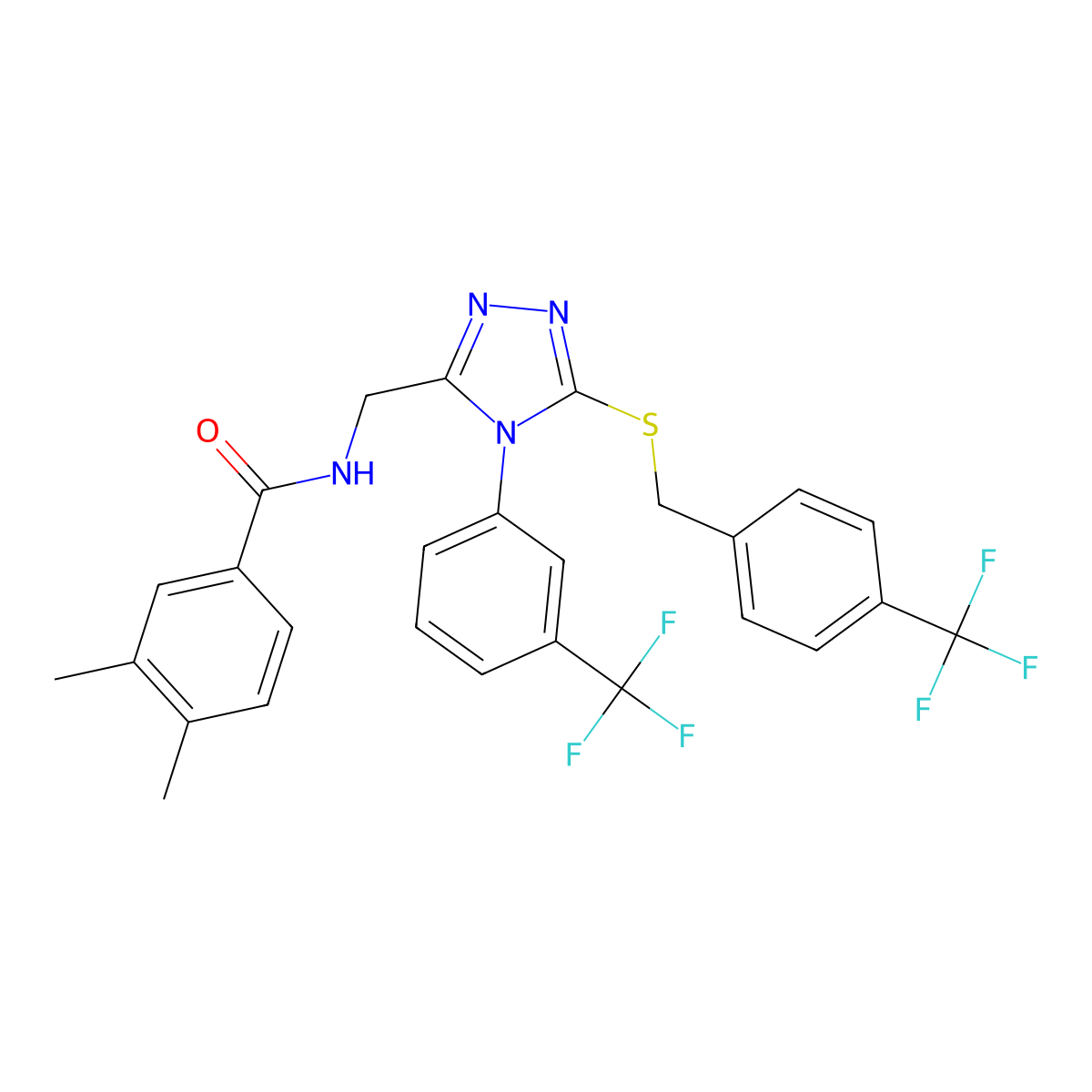 3,4-dimethyl-N-[[4-[3-(trifluoromethyl)phenyl]-5-[[4-(trifluoromethyl)phenyl]methylsulfanyl]-1,2,4-triazol-3-yl]methyl]benzamide molecular structure, CAS 391940-78-6