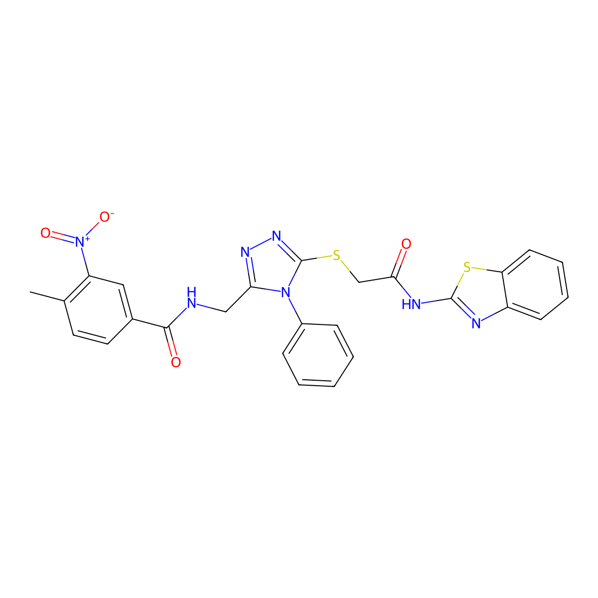 N-((5-((2-(benzo[d]thiazol-2-ylamino)-2-oxoethyl)thio)-4-phenyl-4H-1,2,4-triazol-3-yl)methyl)-4-methyl-3-nitrobenzamide molecular structure, CAS 391940-91-3