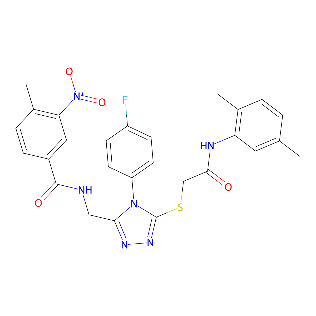 N-((5-((2-((2,5-dimethylphenyl)amino)-2-oxoethyl)thio)-4-(4-fluorophenyl)-4H-1,2,4-triazol-3-yl)methyl)-4-methyl-3-nitrobenzamide molecular structure, CAS 391941-62-1