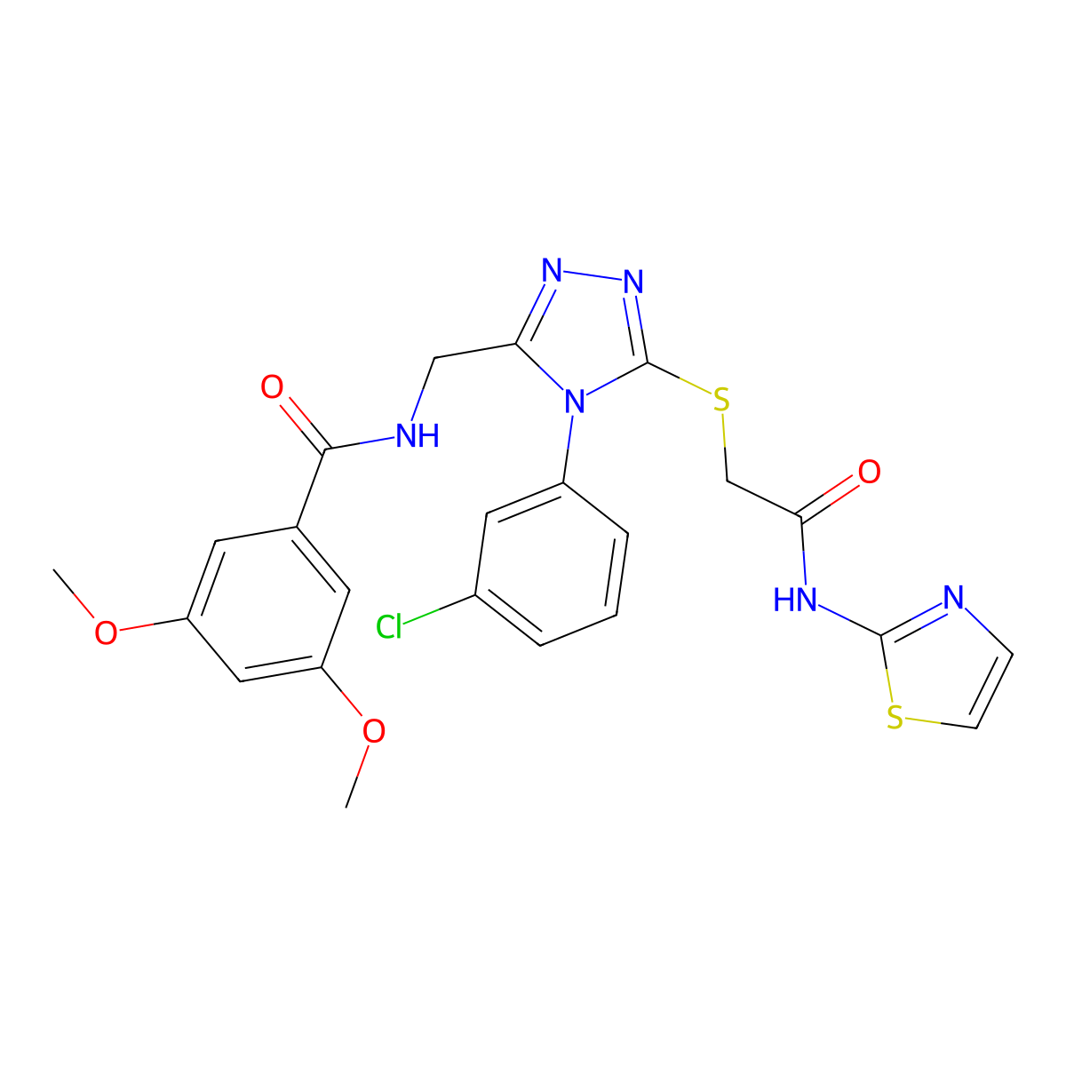 N-((4-(3-chlorophenyl)-5-((2-oxo-2-(thiazol-2-ylamino)ethyl)thio)-4H-1,2,4-triazol-3-yl)methyl)-3,5-dimethoxybenzamide molecular structure, CAS 391941-98-3