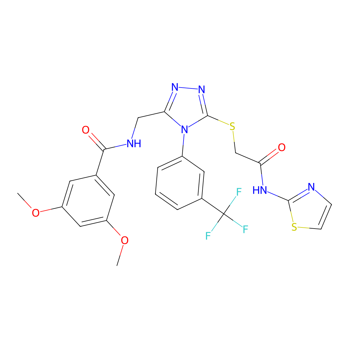 3,5-dimethoxy-N-((5-((2-oxo-2-(thiazol-2-ylamino)ethyl)thio)-4-(3-(trifluoromethyl)phenyl)-4H-1,2,4-triazol-3-yl)methyl)benzamide molecular structure, CAS 391943-85-4